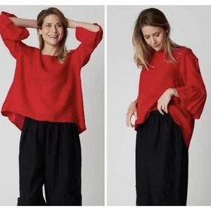 bryn Walker L Red 100% Linen Top Blouse Bell Sleeve Woven Lagenlook Minimalist